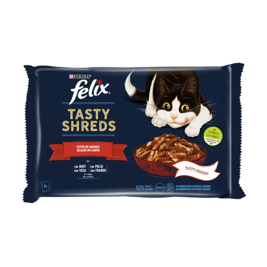 Felix Tasty Shreds Festín de Sabores Filetes en Salsa sobre para gatos