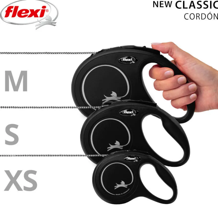 Flexi New Classic Correa de Cordón Extensible Negra para perros