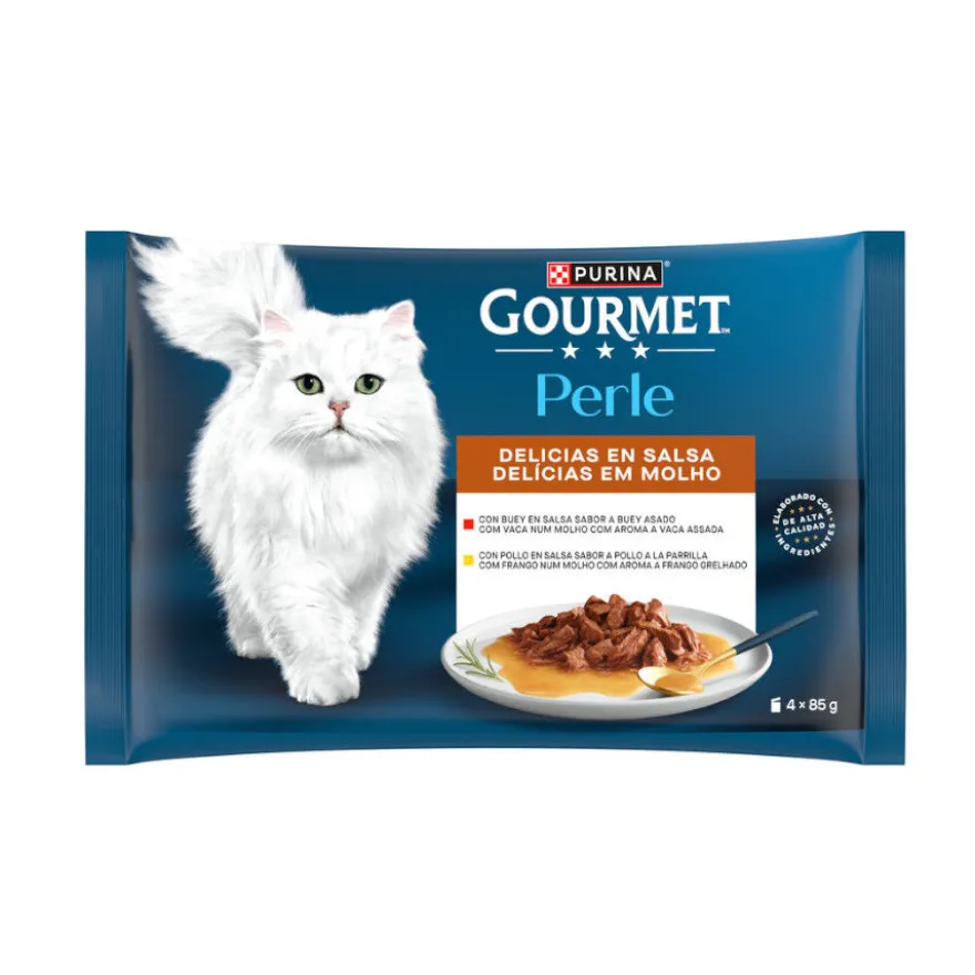 Gourmet Perle Filetes de Pollo y Buey en salsa sobre para gatos