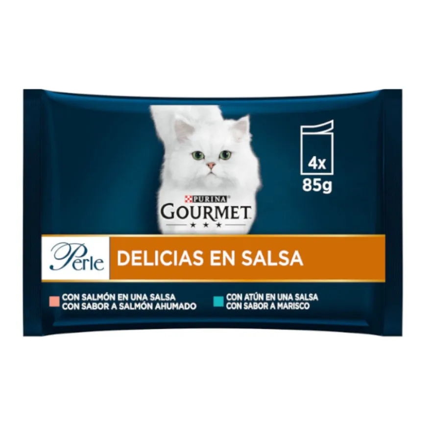 Gourmet Perle Filetes de Salmón y Atún en salsa sobre para gatos