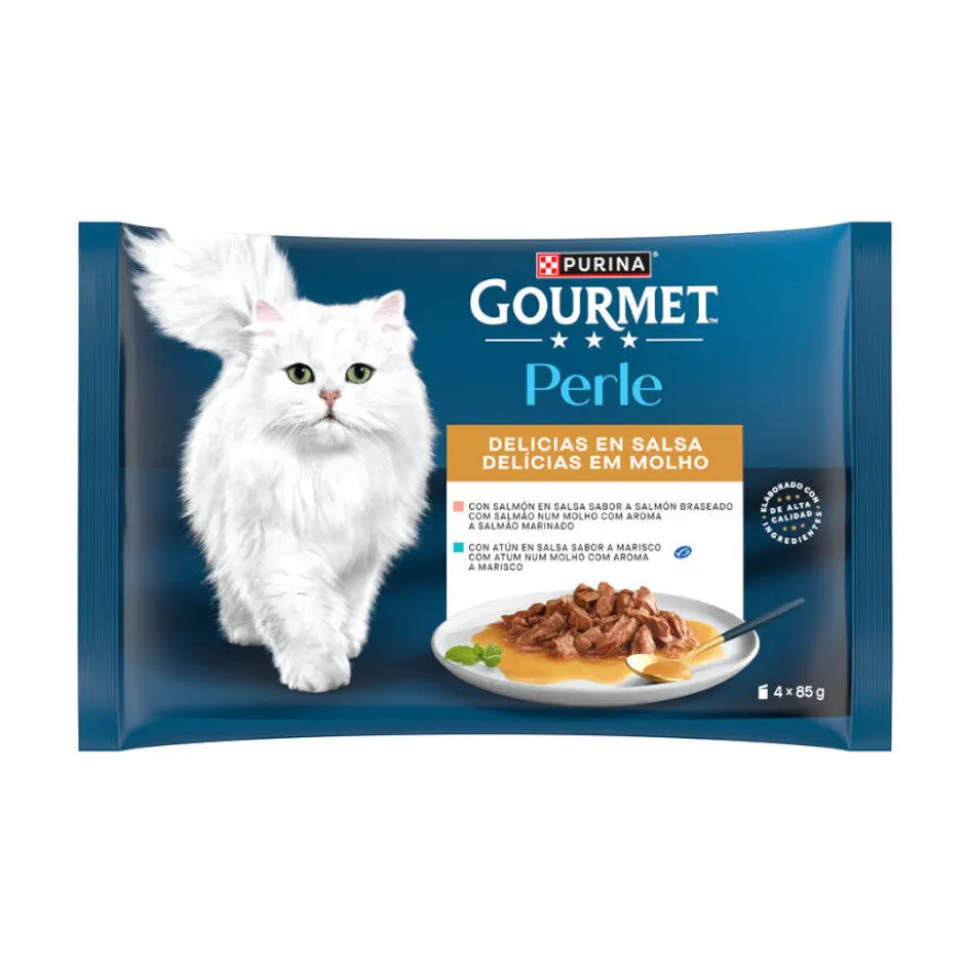 Gourmet Perle Filetes de Salmón y Atún en salsa sobre para gatos