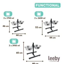 Leeby Comedero Doble Ajustable de Acero Inoxidable para perros