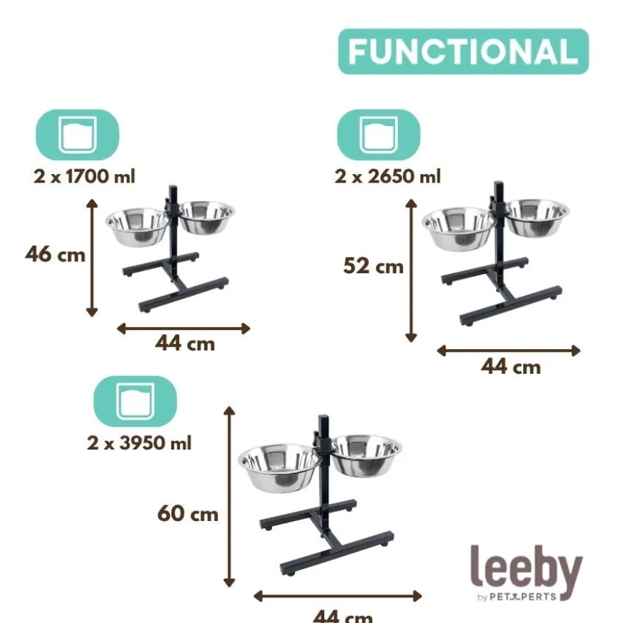 Leeby Comedero Doble Ajustable de Acero Inoxidable para perros