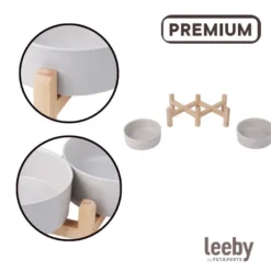 Leeby Comedero Doble de Cerámica con Soporte de Madera para perros