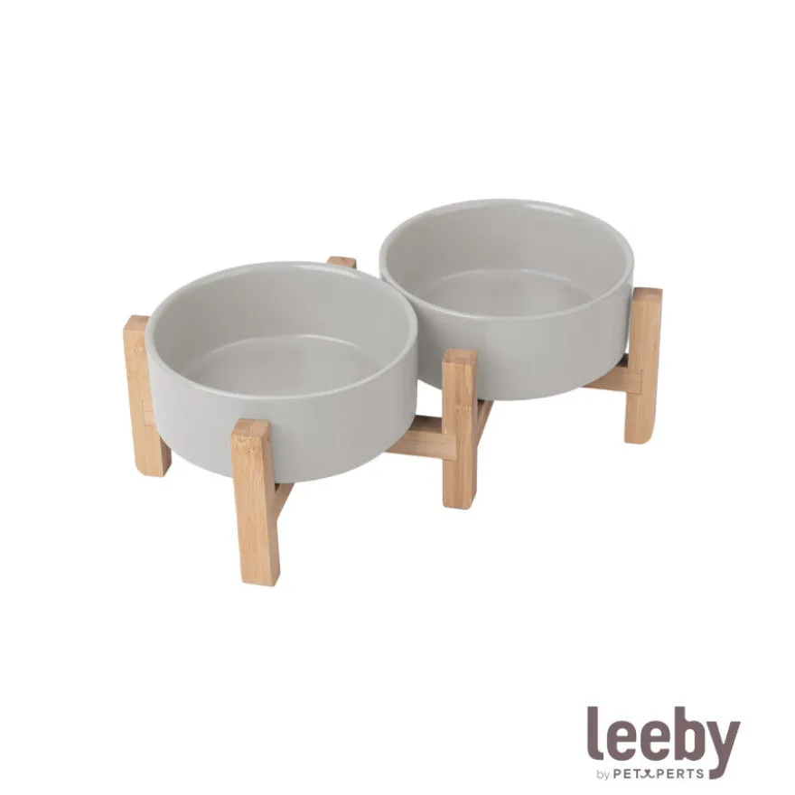 Leeby Comedero Doble de Cerámica con Soporte de Madera para perros