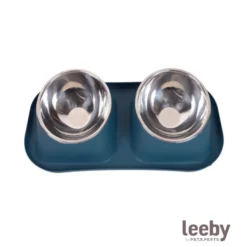Leeby Comedero Doble de Metal Azul para perros