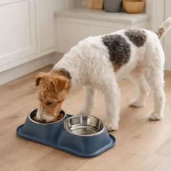 Leeby Comedero Doble de Metal Azul para perros