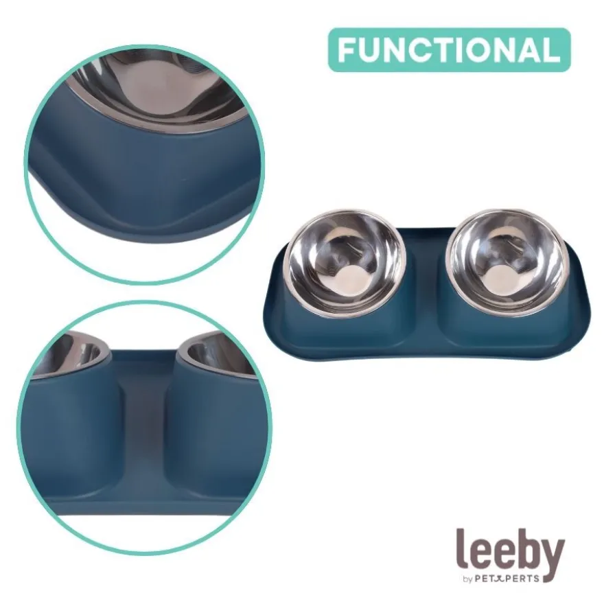 Leeby Comedero Doble de Metal Azul para perros