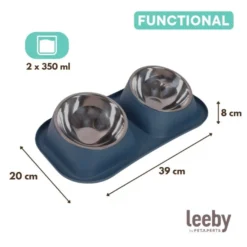 Leeby Comedero Doble de Metal Azul para perros