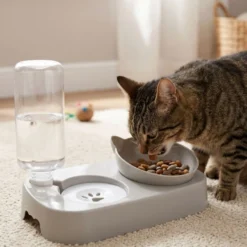 Leeby Comedero y Dispensador de Agua 2 en 1 Gris y Blanco para gatos
