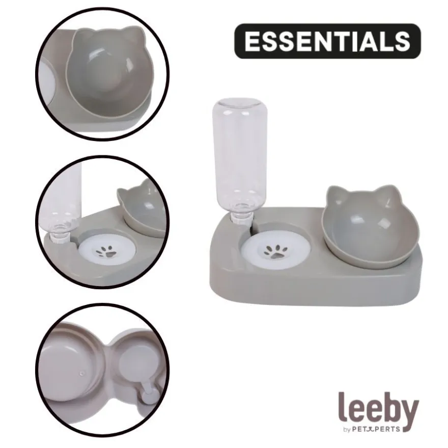 Leeby Comedero y Dispensador de Agua 2 en 1 Gris y Blanco para gatos
