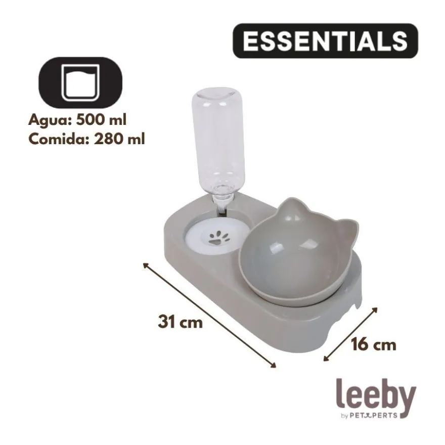 Leeby Comedero y Dispensador de Agua 2 en 1 Gris y Blanco para gatos