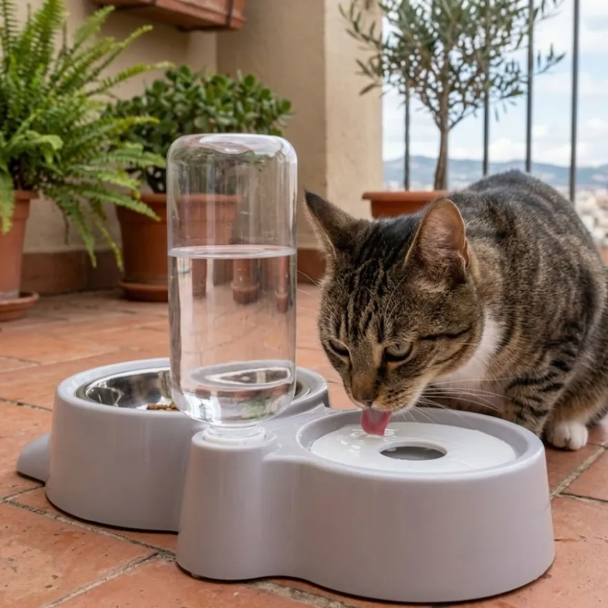 Leeby Comedero y Dispensador de Agua 2 en 1 Acero Inoxidable Gris para gatos