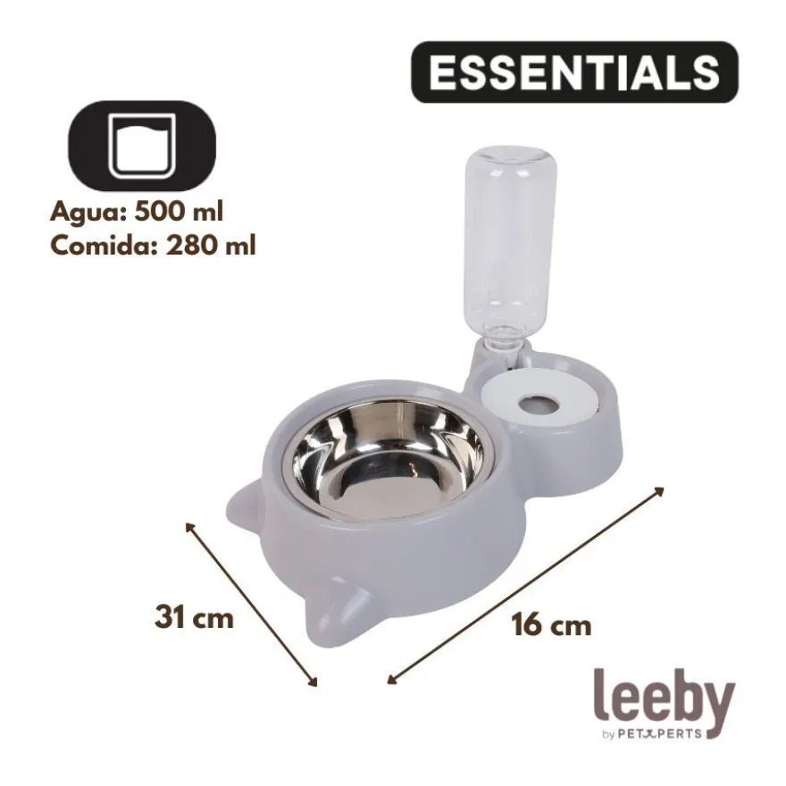 Leeby Comedero y Dispensador de Agua 2 en 1 Acero Inoxidable Gris para gatos