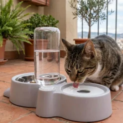 Leeby Comedero y Dispensador de Agua 2 en 1 Acero Inoxidable Gris para gatos