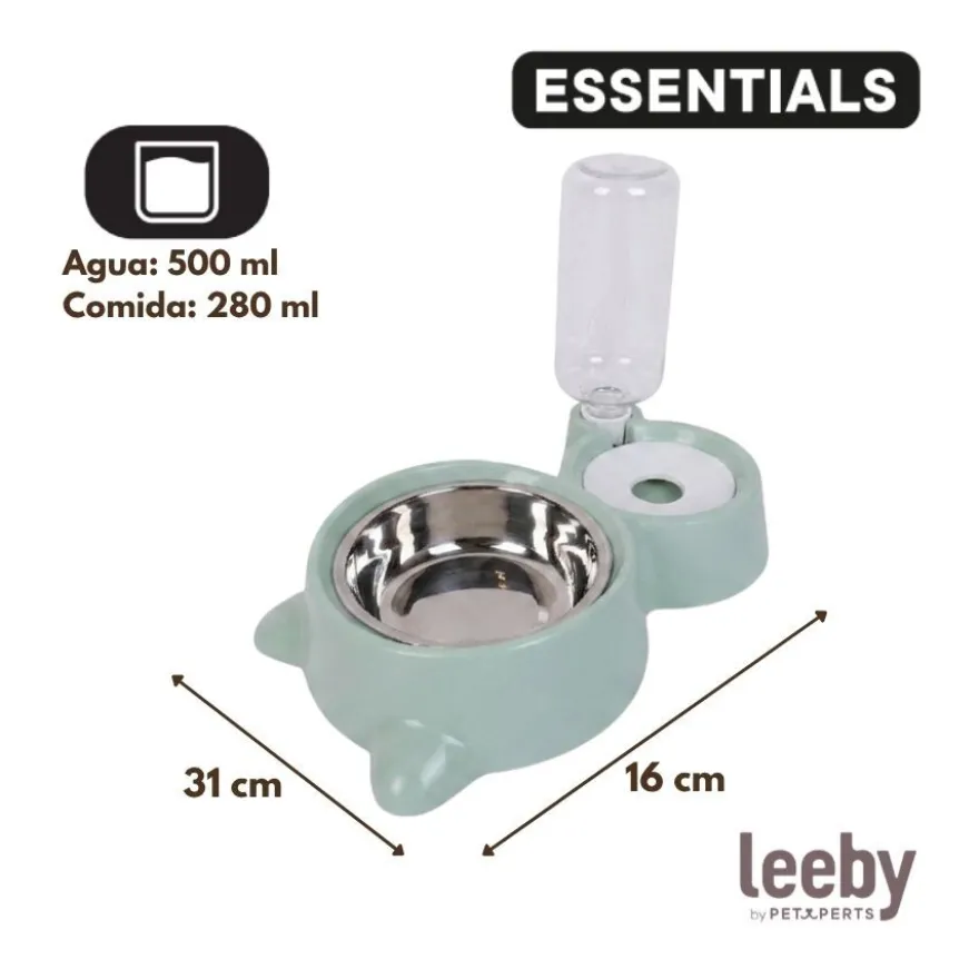 Leeby Comedero y Dispensador de Agua 2 en 1 Acero Inoxidable Verde para gatos