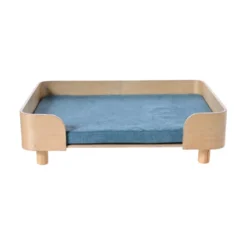 Leeby sofá de madera con colchón azul para perros