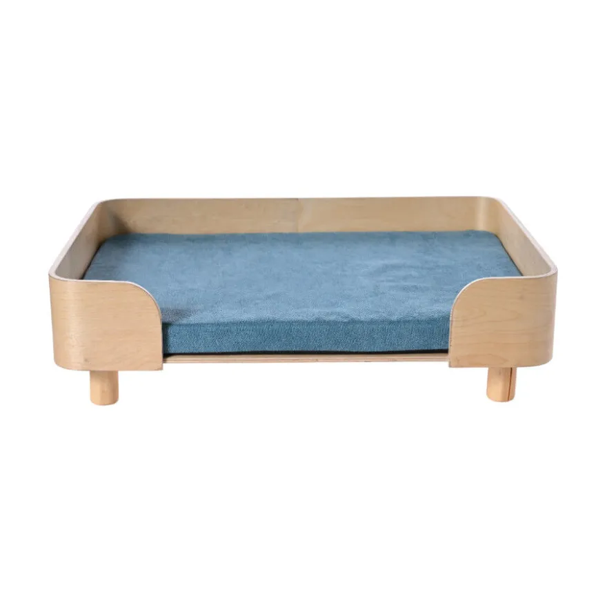 Leeby sofá de madera con colchón azul para perros