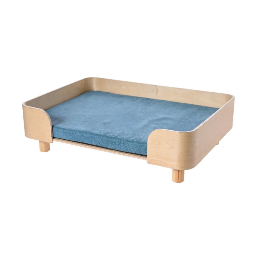 Leeby sofá de madera con colchón azul para perros