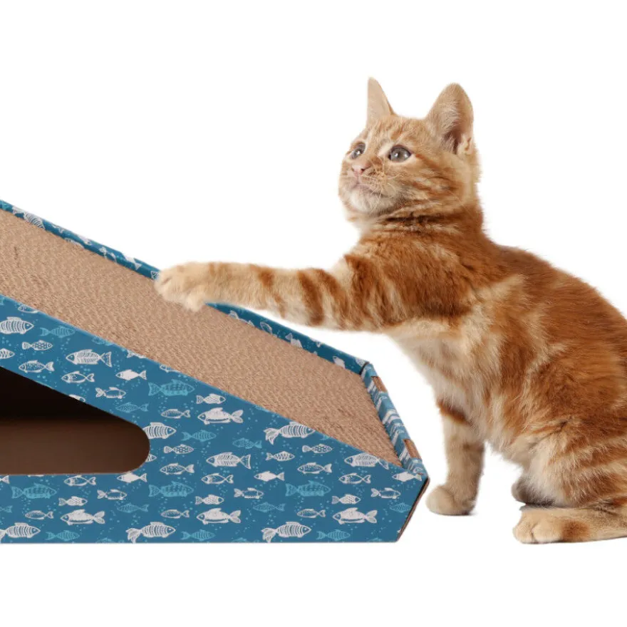Leeby Walter rascador de cartón horizontal con bola y estampado de peces para gatos