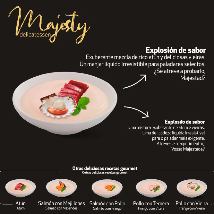 Majesty Atún con Vieira snack líquido para gatos