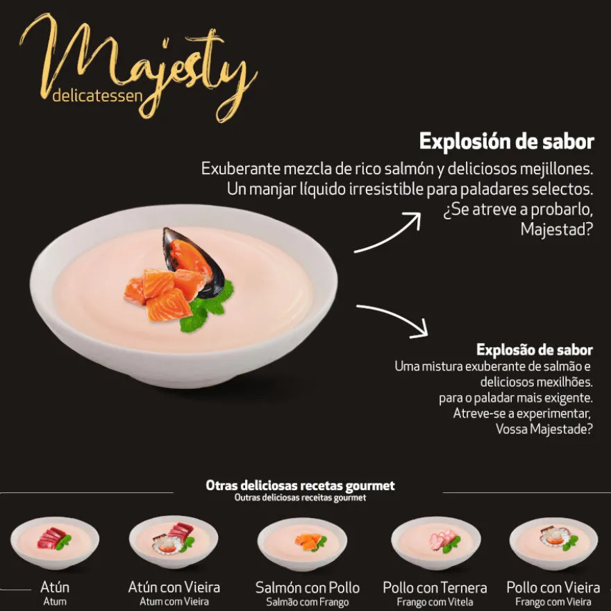 Majesty Salmón con mejillones snack líquido para gatos