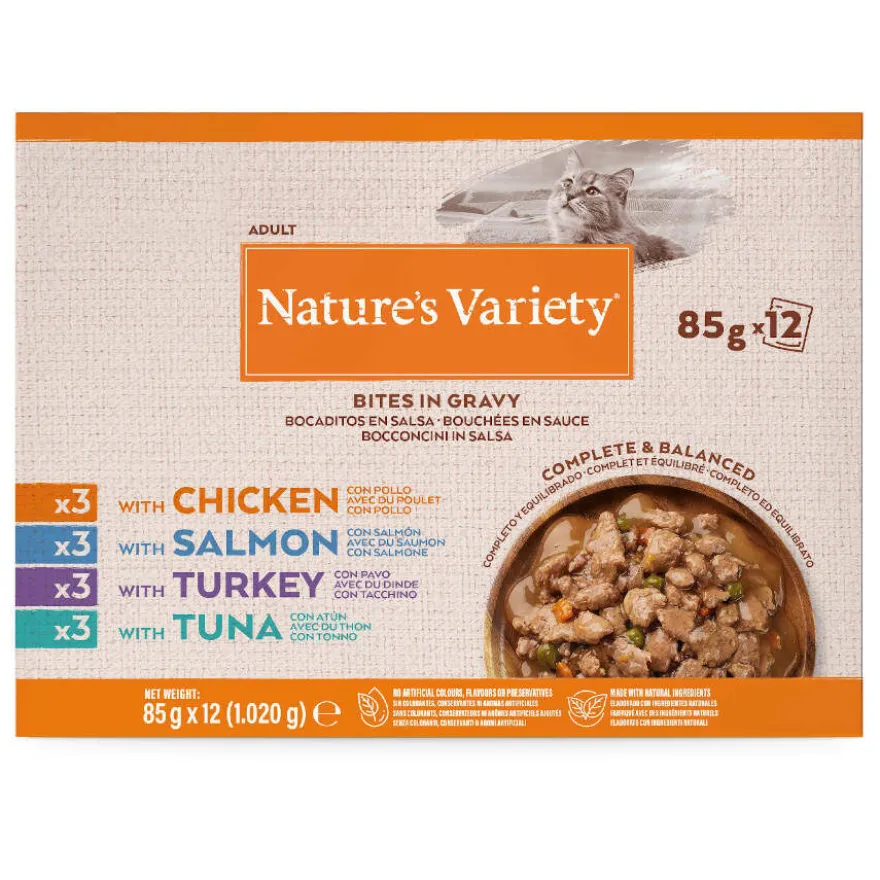 Nature's Variety Bocaditos de Pavo, Atún, Pollo y Salmón Sobre en Salsa para gatos