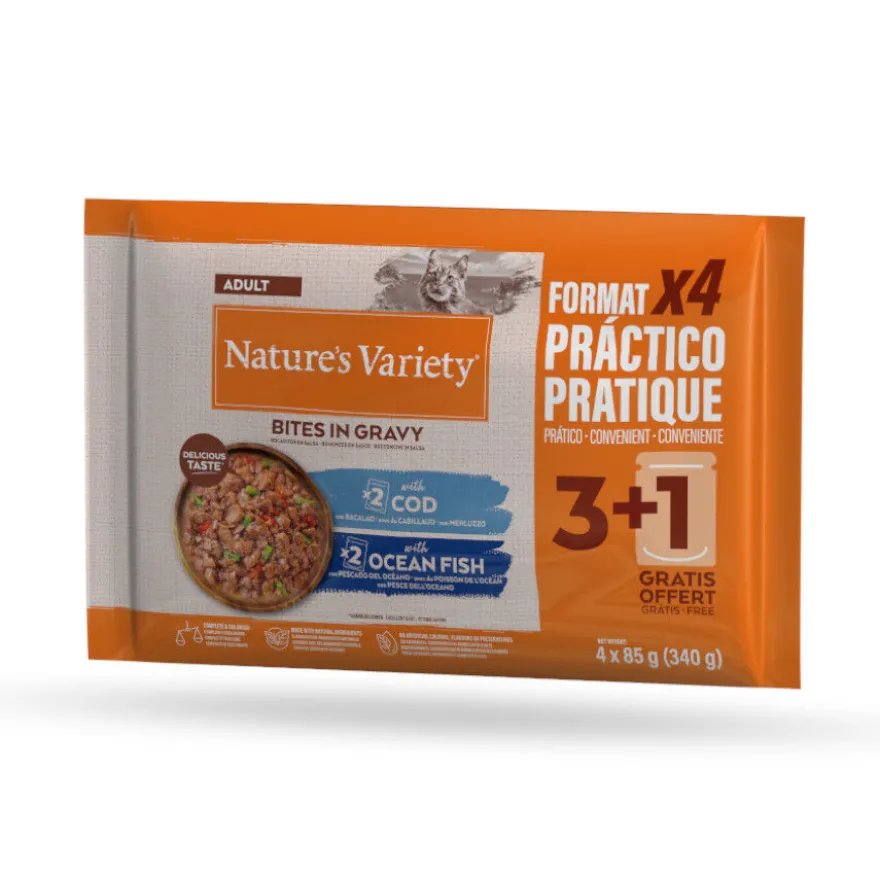Nature's Variety Bocaditos de Bacalao o Pez Oceánico Sobre en Salsa para gatos adultos
