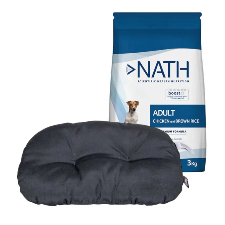 Pack Cojín Ovalado Leeby + 3 kg Pienso Nath Adult Mini Pollo para perros