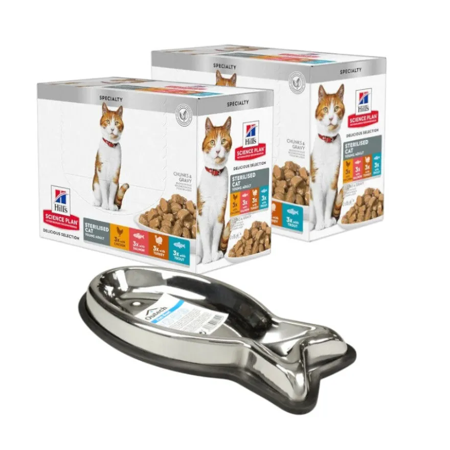 Pack Comedero Outech 150 ml + 24 x 85g sobres Hill's Science Plan Sterilised carne y pescado para gatos