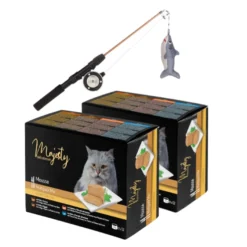 Pack Juguete caña de pescar Flamingo + 24 latas x 85 g Majesty Adult Mousse Mix para gatos