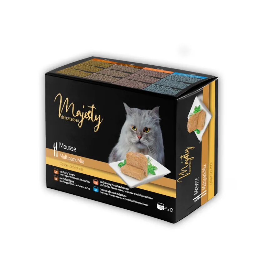 Pack Juguete caña de pescar Flamingo + 24 latas x 85 g Majesty Adult Mousse Mix para gatos
