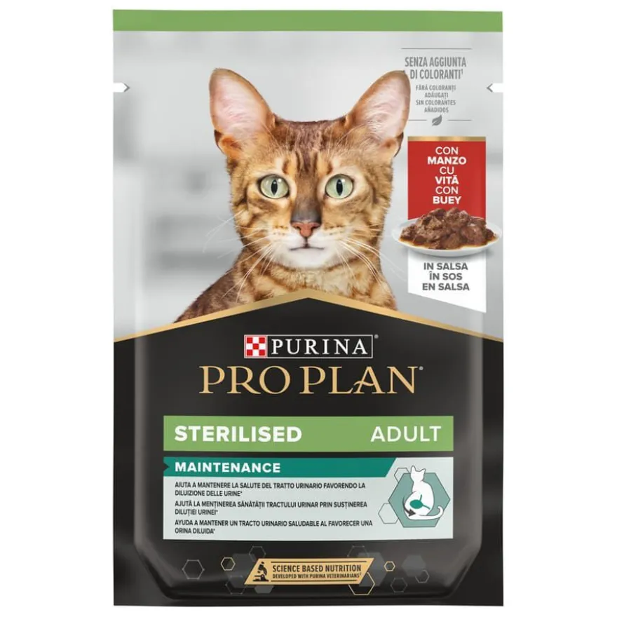 Pro Plan Sterilised Maintenance sobre con Buey en salsa para gatos