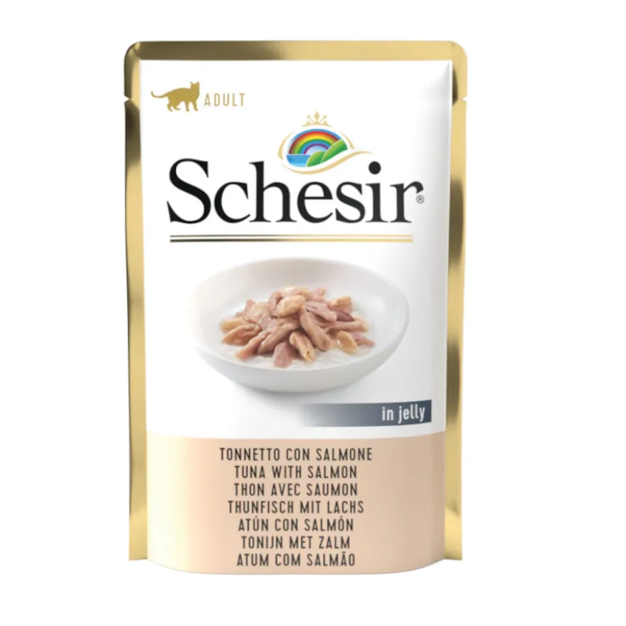 Schesir Adult atún con salmón sobre para gatos.