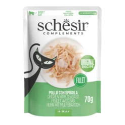 Schesir Filetes de Pollo con Lubina en Gelatina sobre para gatos