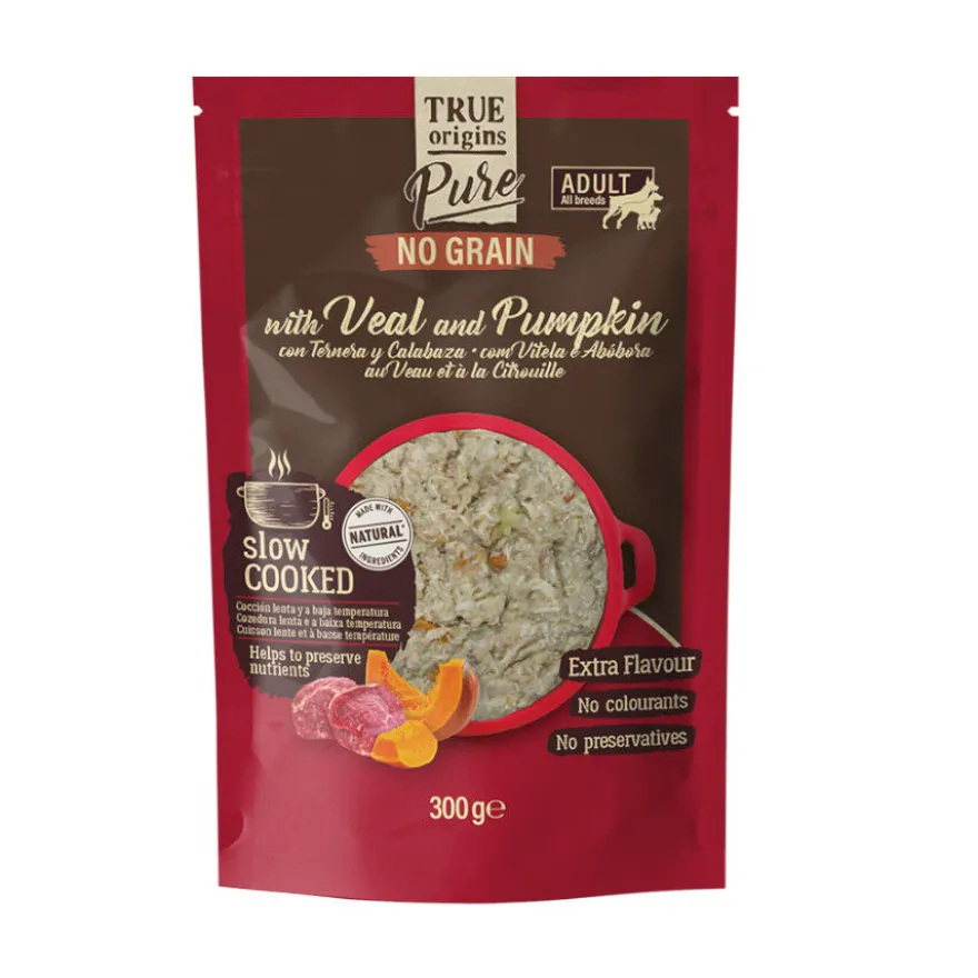 True Origins Pure Adult Gently Coocked Ternera y Calabaza sobre para perros